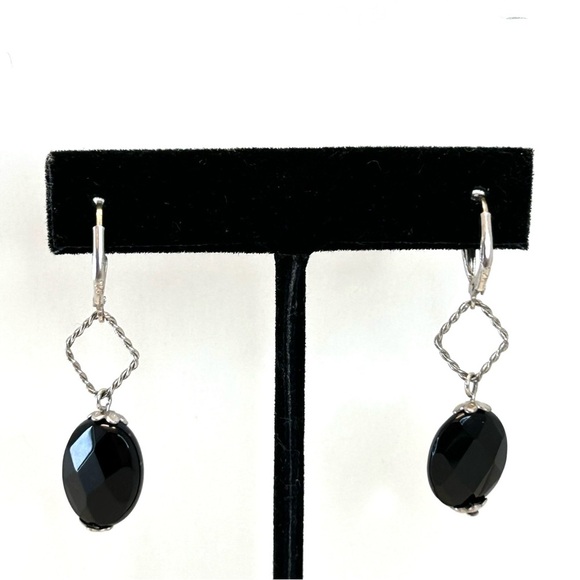 Sterling Silver Facetted Black Stone Drop Dangle Earrings - Picture 3 of 6